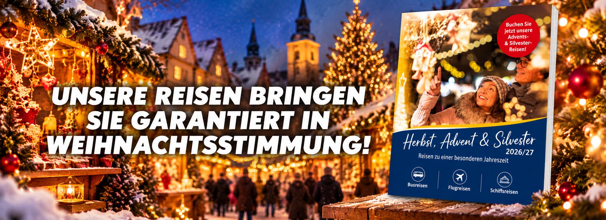 Weihnachtsmarkt mit Reisekatalog